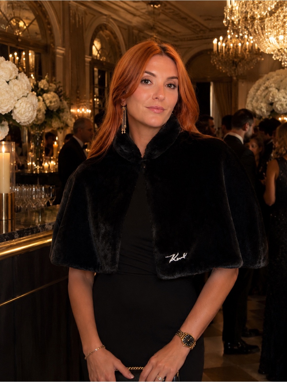 Karl Lagerfeld Black Faux Fur Capelet with Rhinestone Karl Logo